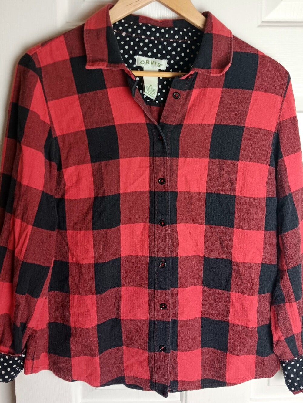 Orvis Womens Medium Reversible Cuff Long Sleeve Flannel Shirt Red Black Plaid